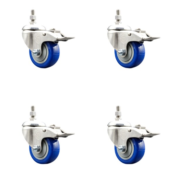Service Caster 3.5 Inch 316SS Blue Polyurethane Swivel 10mm Stem Caster Set Lock Brake SCC SS316TSTTL20S3514-PPUB-BLUE-M1015-4 - main